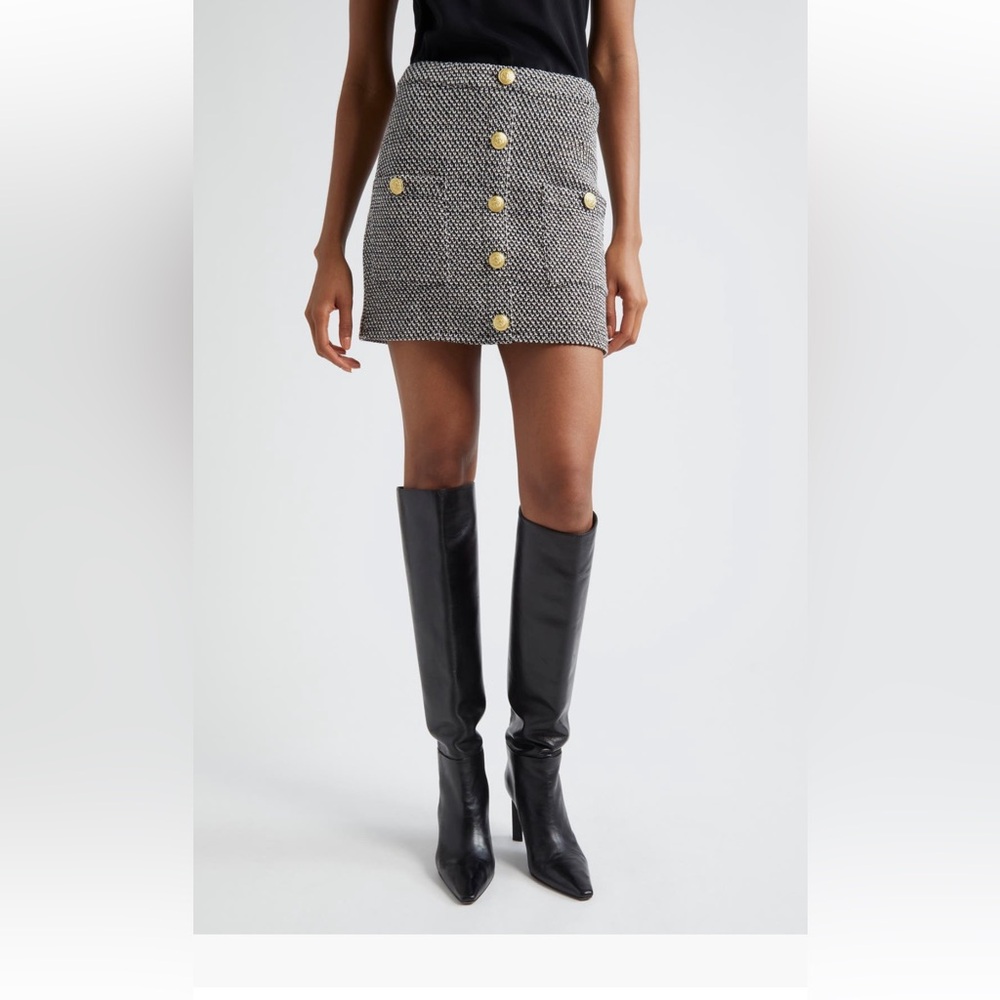 NWT L'AGENCE Black and White Tweed Mini Skirt with Gold Buttons$325